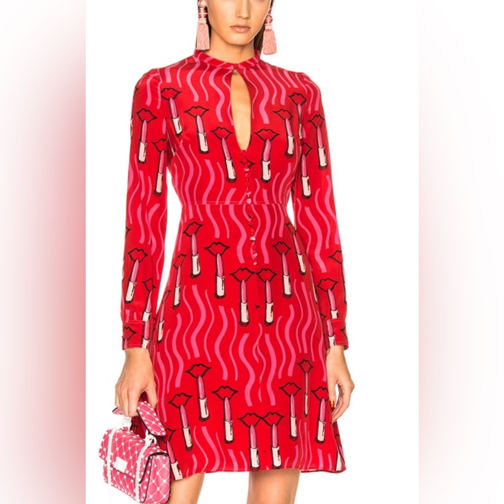 VALENTINO CHIFFON LIPSTICK WAVES PRINTED MINI DRESS 100% SILK
